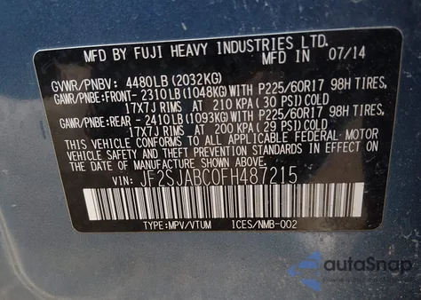 2015 Subaru Forester 2.5I z USA, uszkodzony, nr VIN JF2SJABC0FH487215